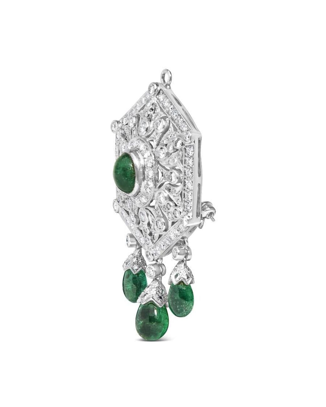 Haus of Brilliance White 18K 2 3/4 Cttw Diamond And Emerald Dangle Art Deco Shield Brooch Pin Pendant for men