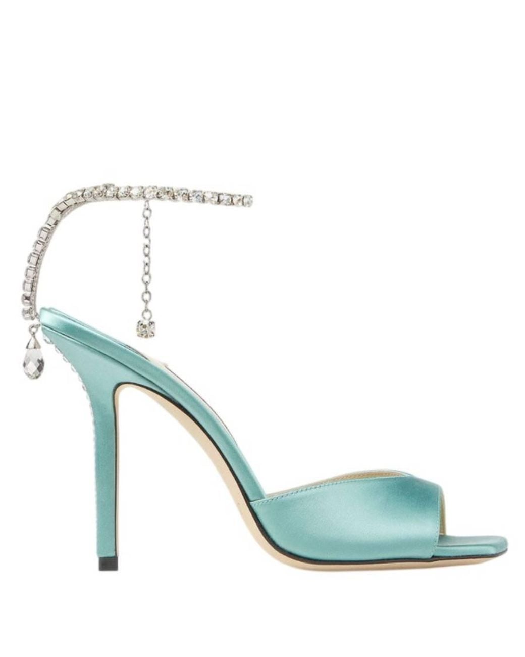 Jimmy Choo Blue Saeda Crystal Embellished Satin Sandals, Brand Size 34.5 Us