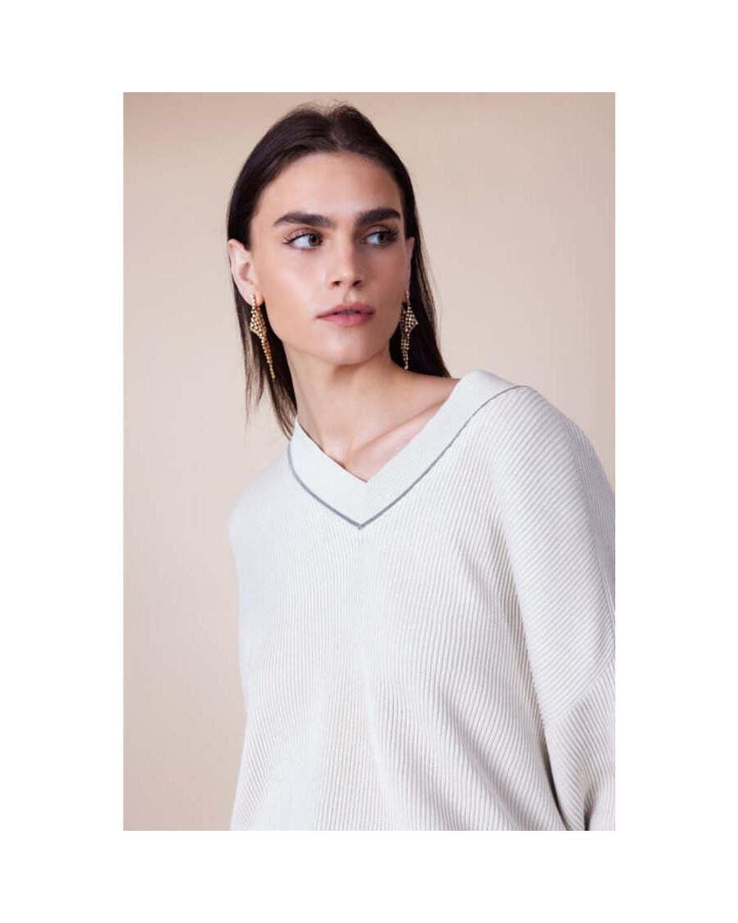 Brunello Cucinelli Natural Ribbed V Neck Sweater, Size X-Large for men
