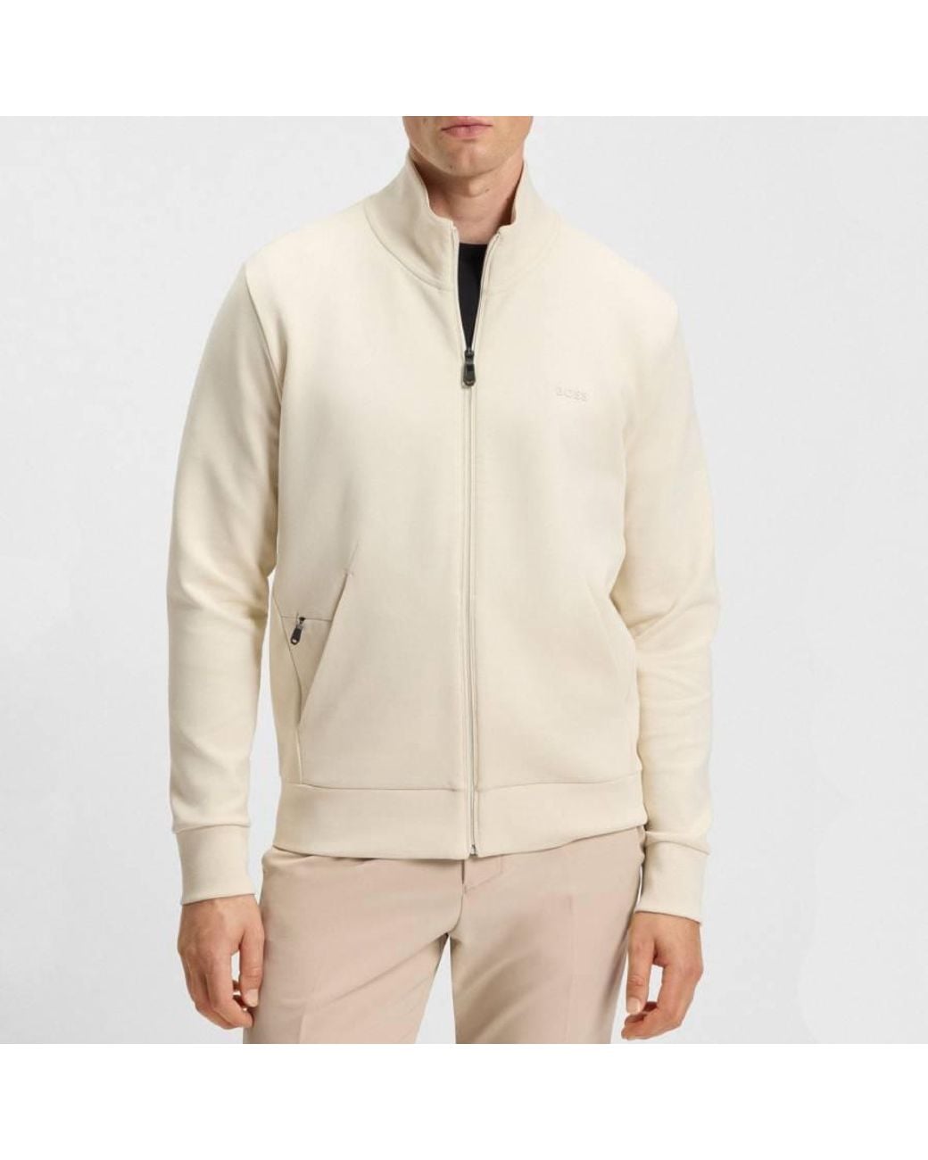 Boss White Skaz Stretch Cotton Zip-Up Sweatshirt for men