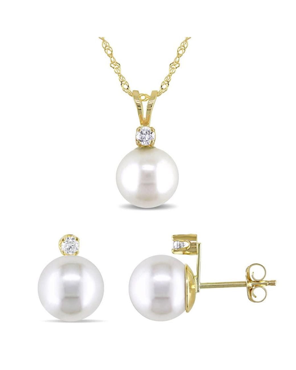 Amour Metallic 2-Pc Set Of 8-9 Mm Cultured Freshwater Pearl And 1/6 Ct Tw Diamond Stud Earrings And Pendant With Chain for men