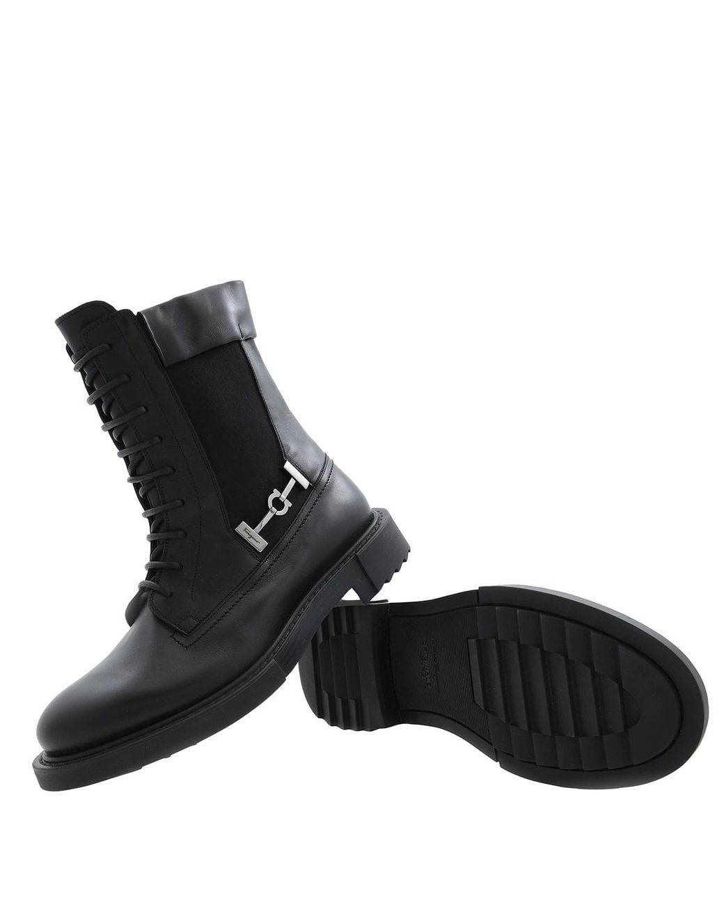 Ferragamo Black Leather Combat Boots for men