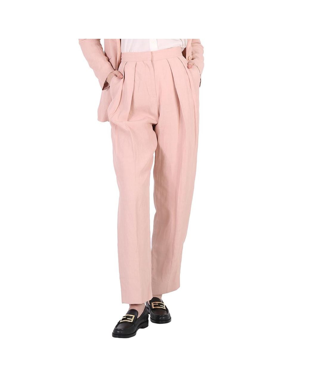 Stella McCartney Pink Rose Fluid Linen Pleat Front Straight Leg Trousers