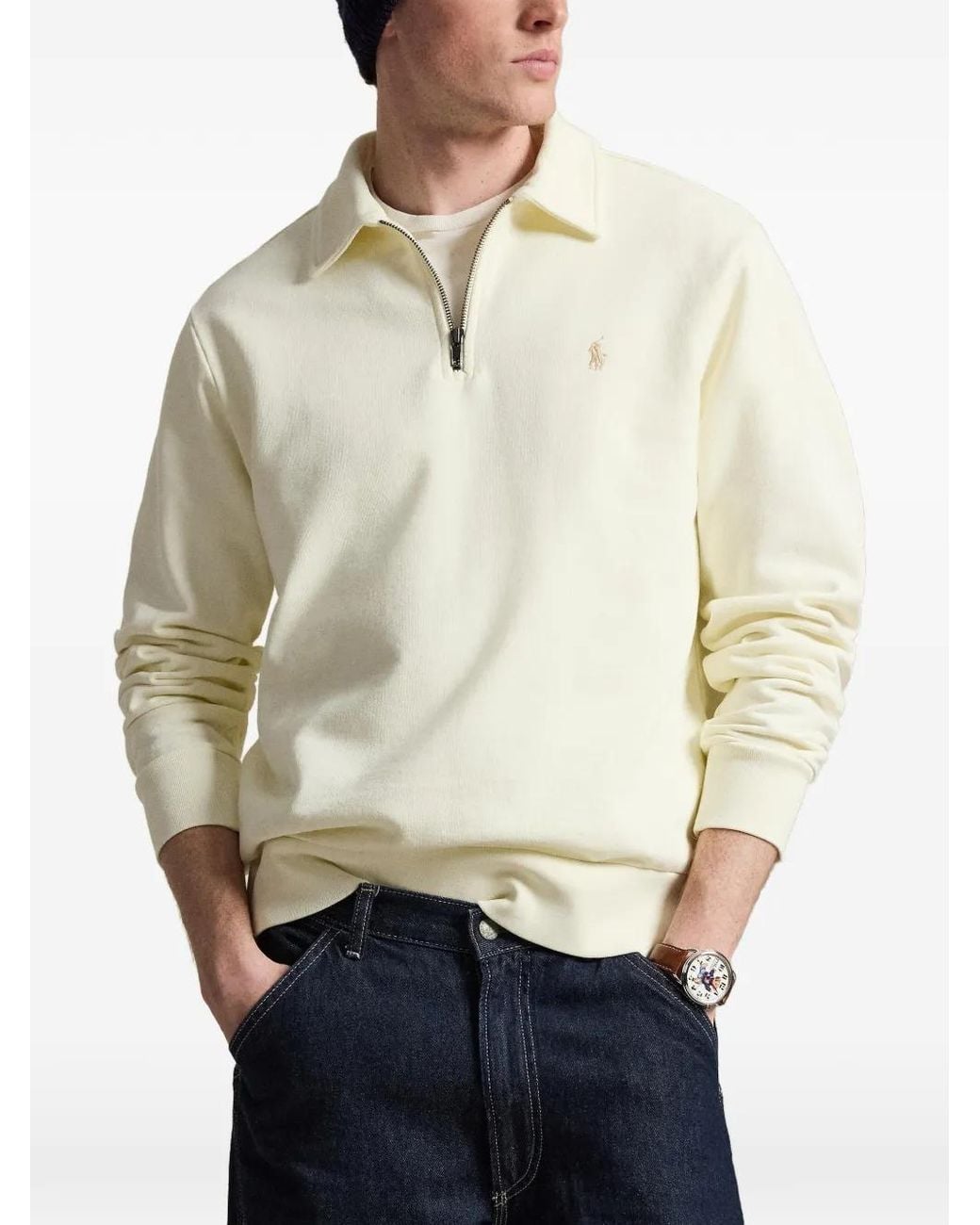 Polo Ralph Lauren White Loopback Fleece Quarter-Zip Sweatshirt for men