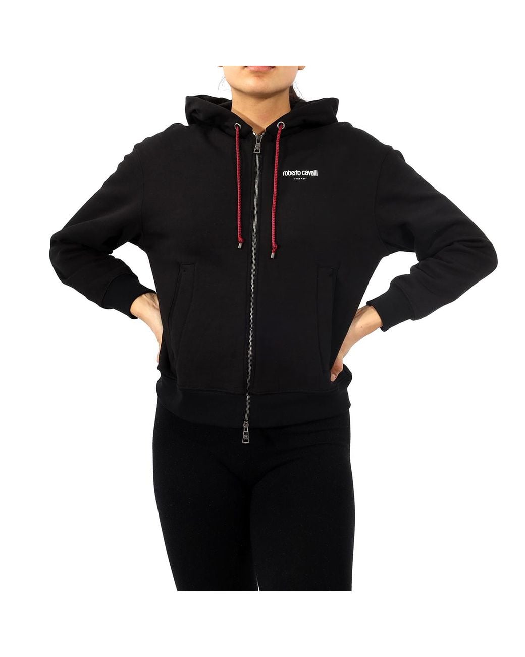 Roberto Cavalli Black Ladies Cotton Lucky Symbols Zip Hooded Sweatshirt, Brand Size 42 (Us for men