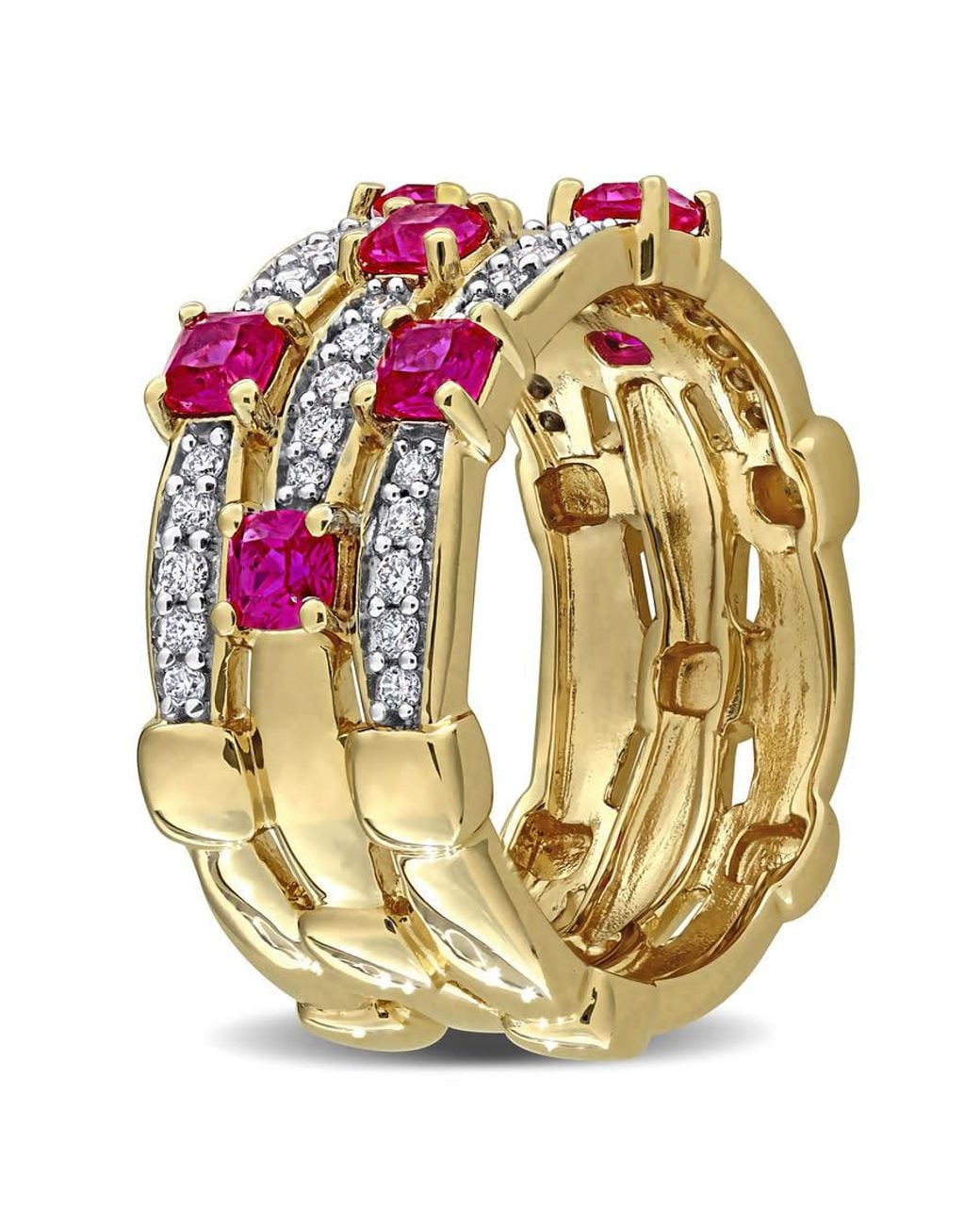 Created Forever Pink 1Ct Tgw Created Ruby And 1/3Ct Tw Lab-Grown Diamond 3-Row Semi-Eternity Ring for men