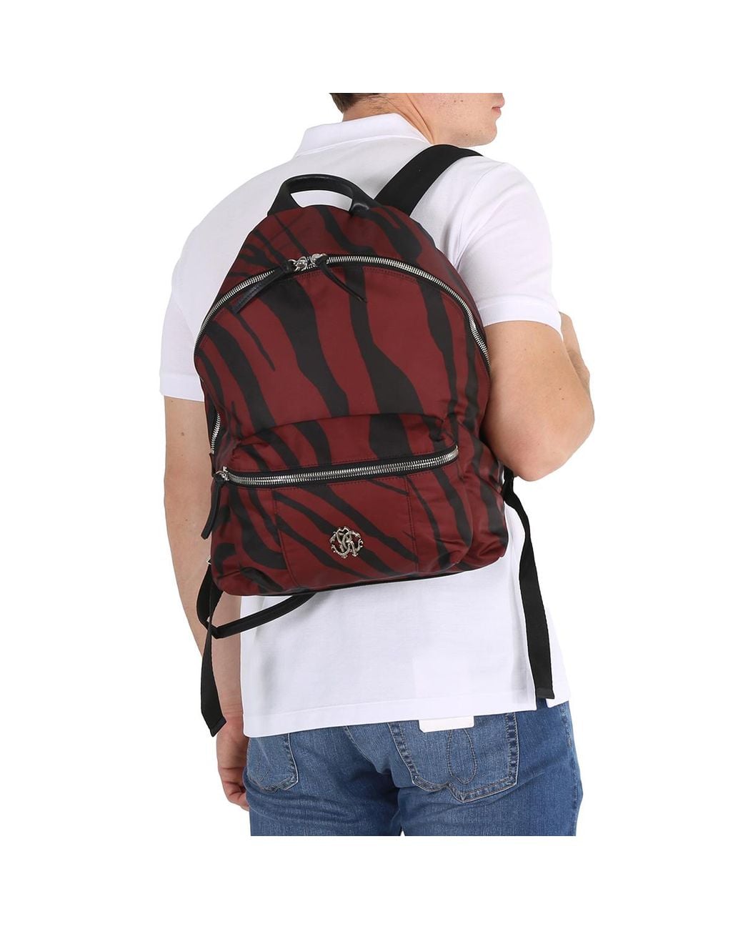 Roberto Cavalli Red Sienna And Zebra Print Fabric Backpack for men