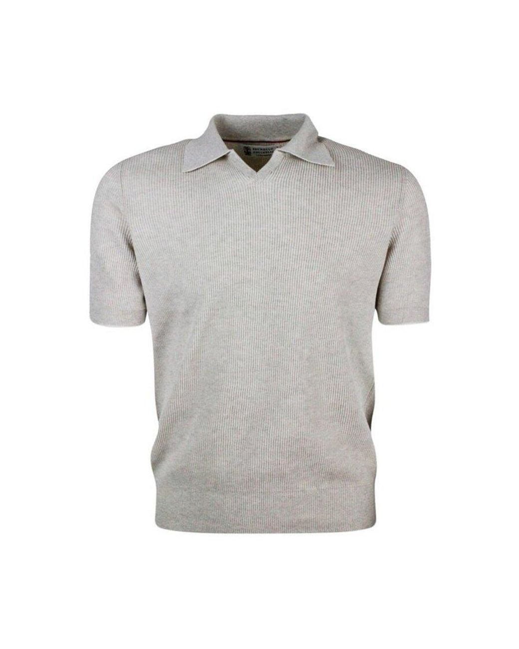 Brunello Cucinelli Gray Oat Ribbed Knit Polo Sweater, Brand Size 46 (Us for men