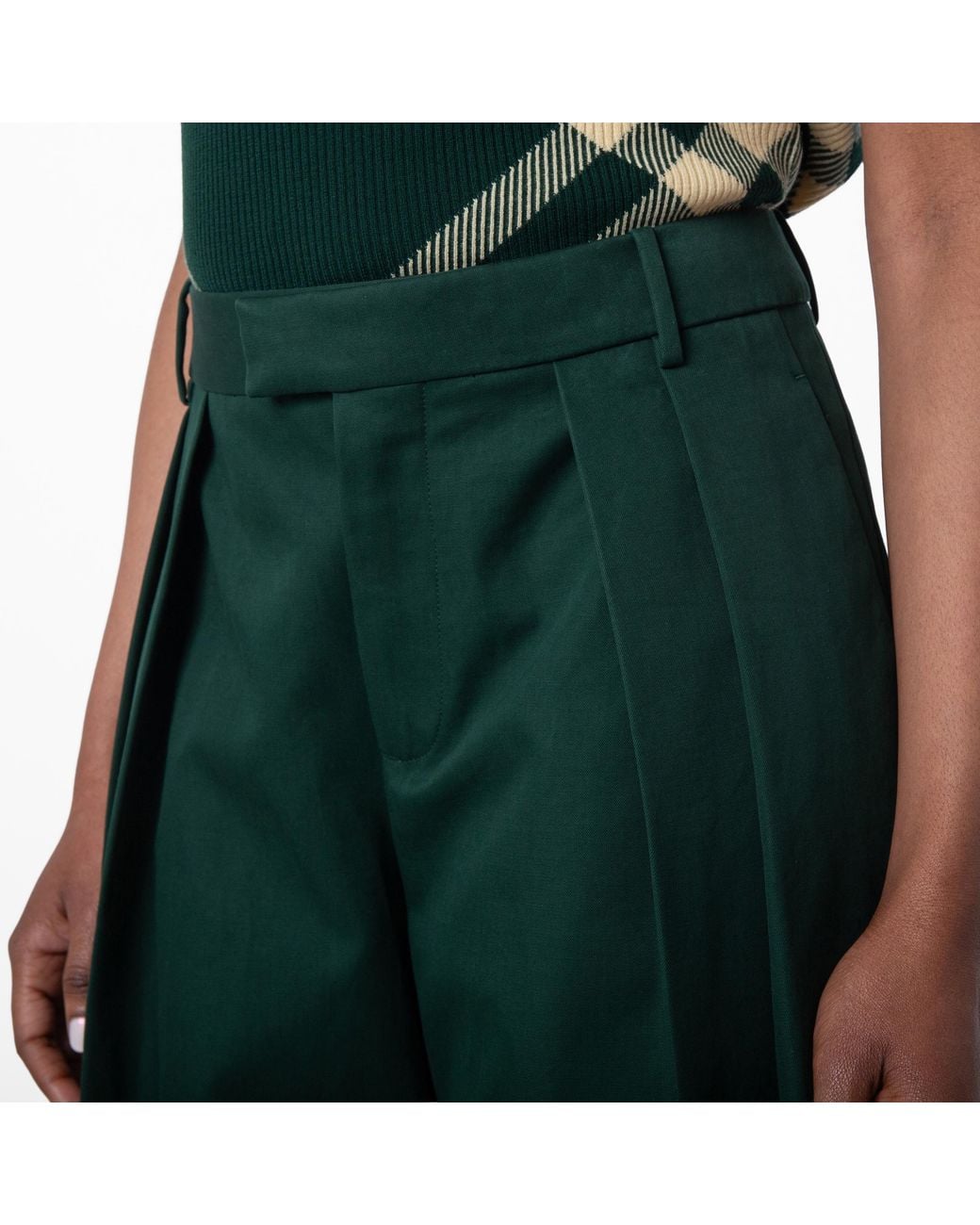Burberry Green Pleated Cotton Wide-Leg Trousers, Brand Size 8 Us