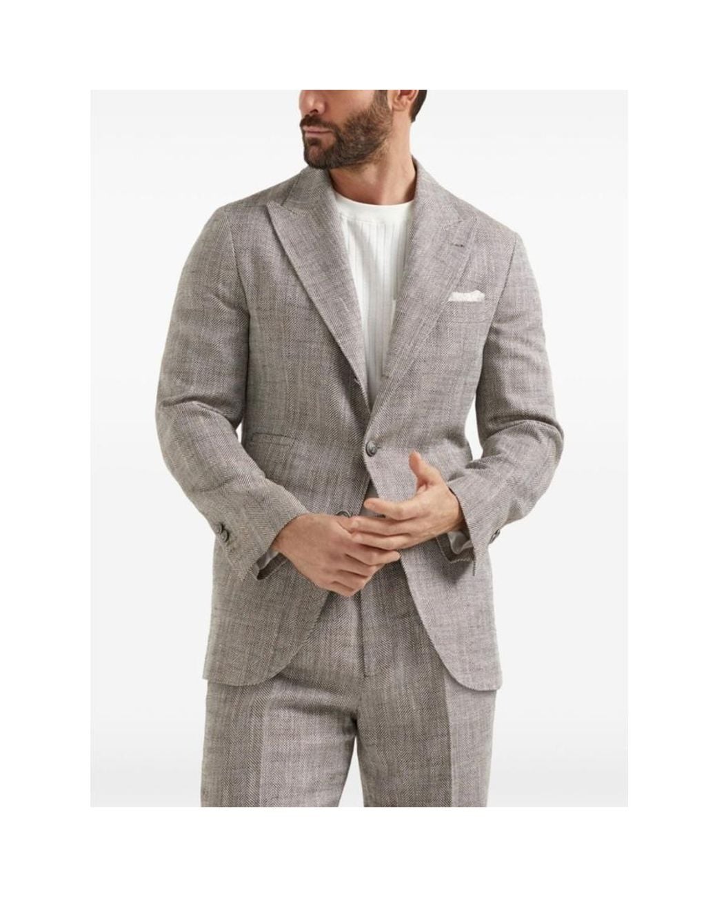 Brunello Cucinelli Gray Herringbone Silk Linen Blazer, Brand Size 50 (Us for men