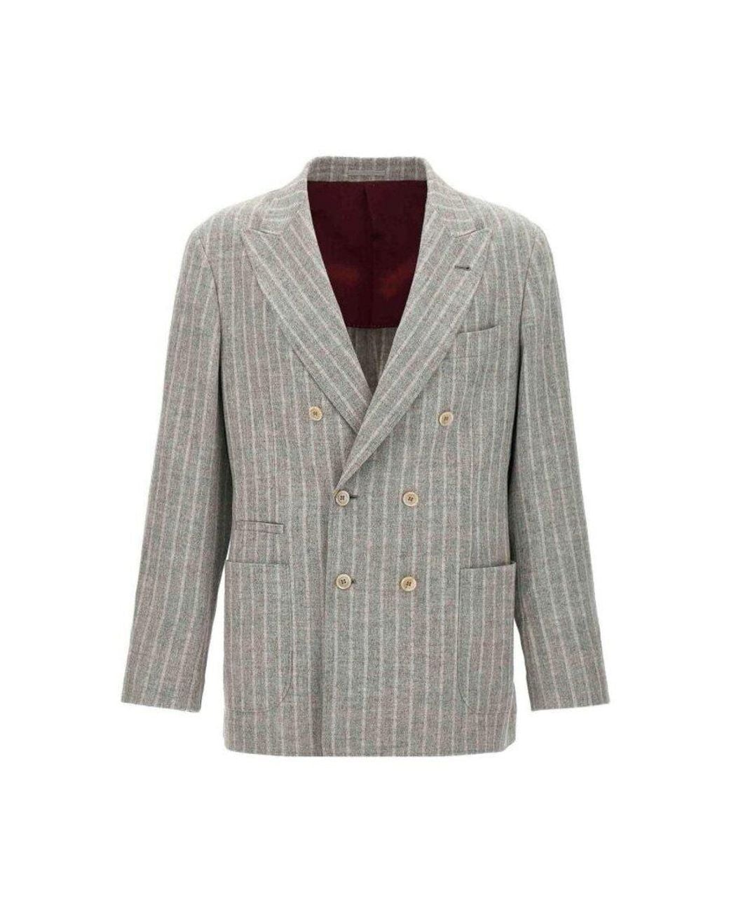 Brunello Cucinelli Gray Striped Double-Breasted Blazer, Brand Size 48 (Us for men