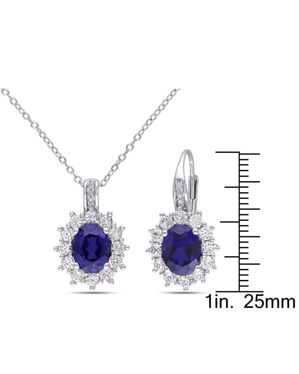 Amour Blue 2-Pc Set Of 12 1/10 Ct Tgw Created And Created Sapphire And Diamond Halo Pendant With Chain And Leverback Earrings 2-Piece Set for men