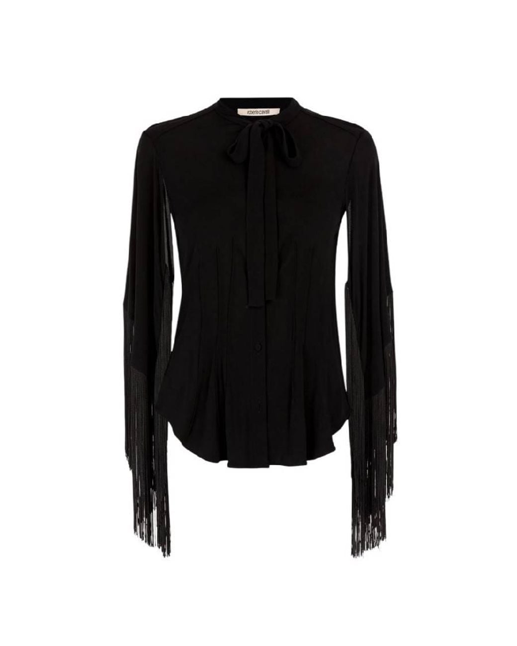 Roberto Cavalli Black Fringe Cuffs Tie-Collar Shirt, Brand Size 42 Us for men
