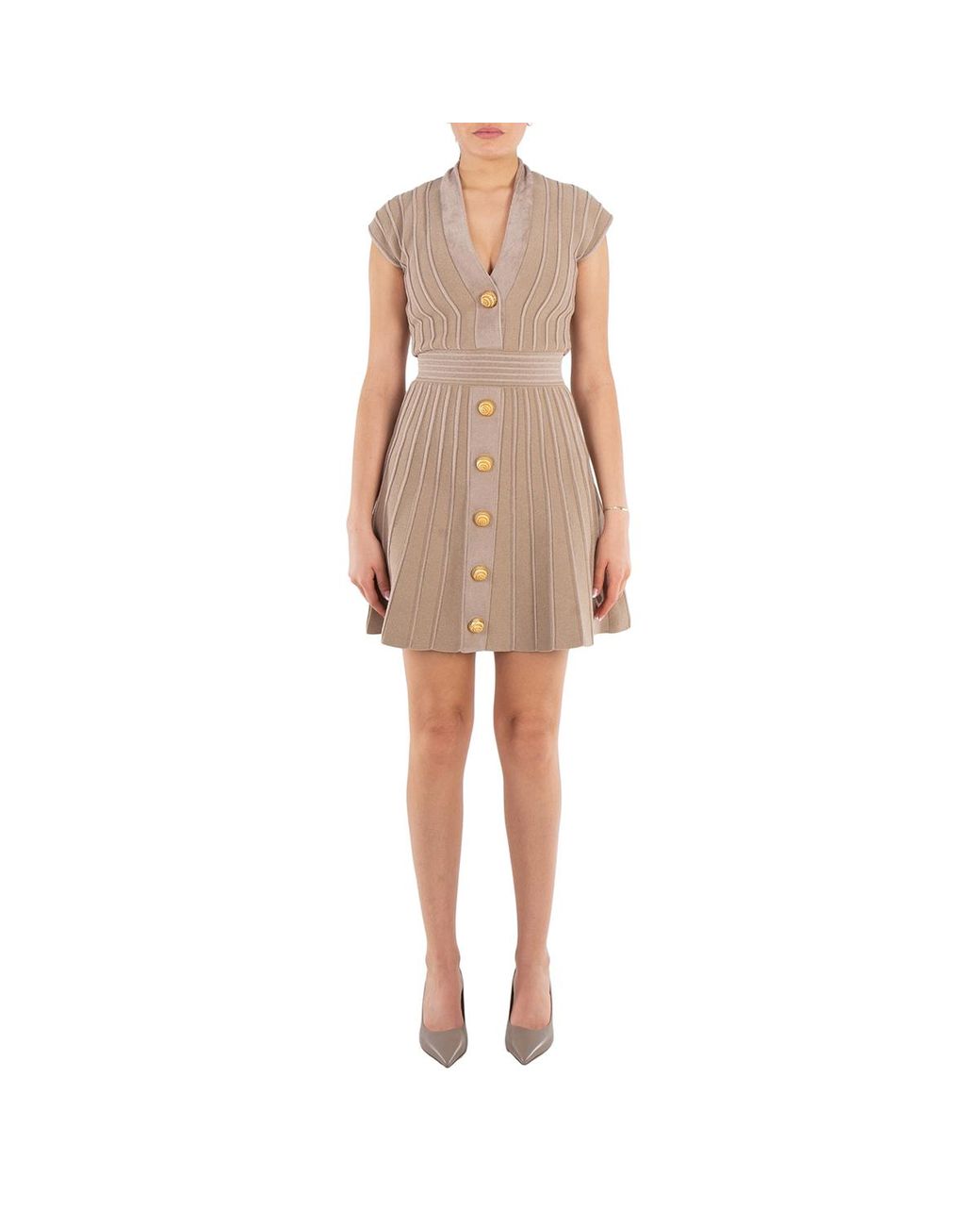Balmain Natural V-Neck Ribbed Mini Dress, Brand Size 36 (Us