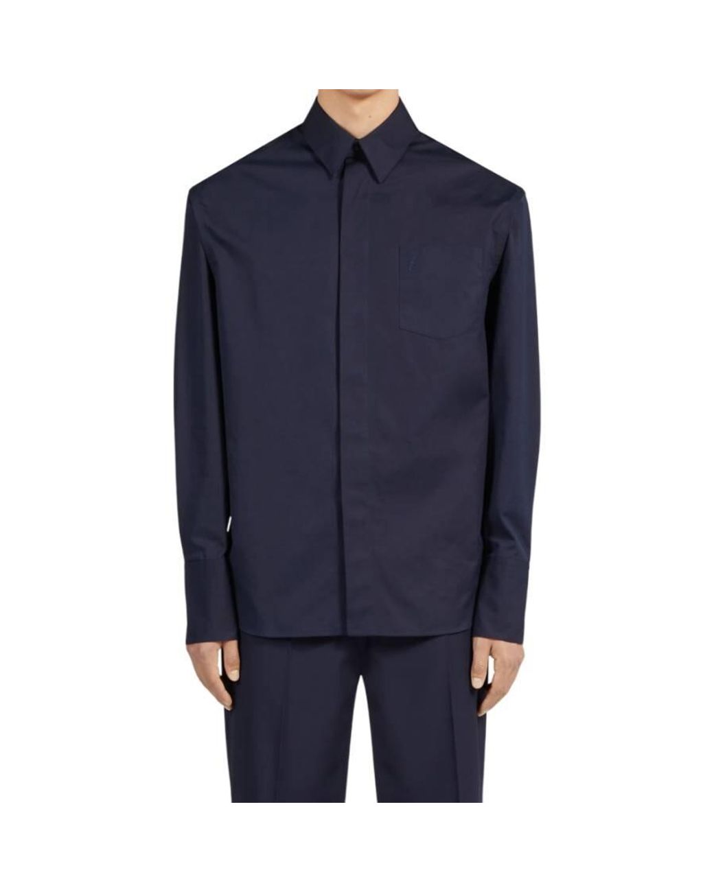 Ferragamo Blue Logo Embroidered Cotton Poplin Shirt for men