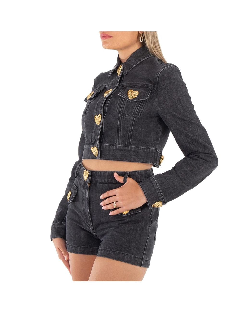 Moschino Blue Heart Buttons Cropped Denim Jacket