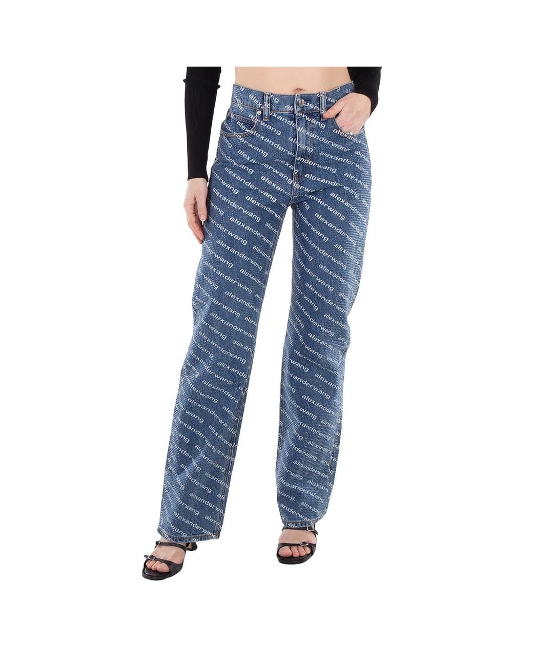 T By Alexander Wang Blue Logo-Print Sequined Mid-Rise Straight Leg Cotton Trousers