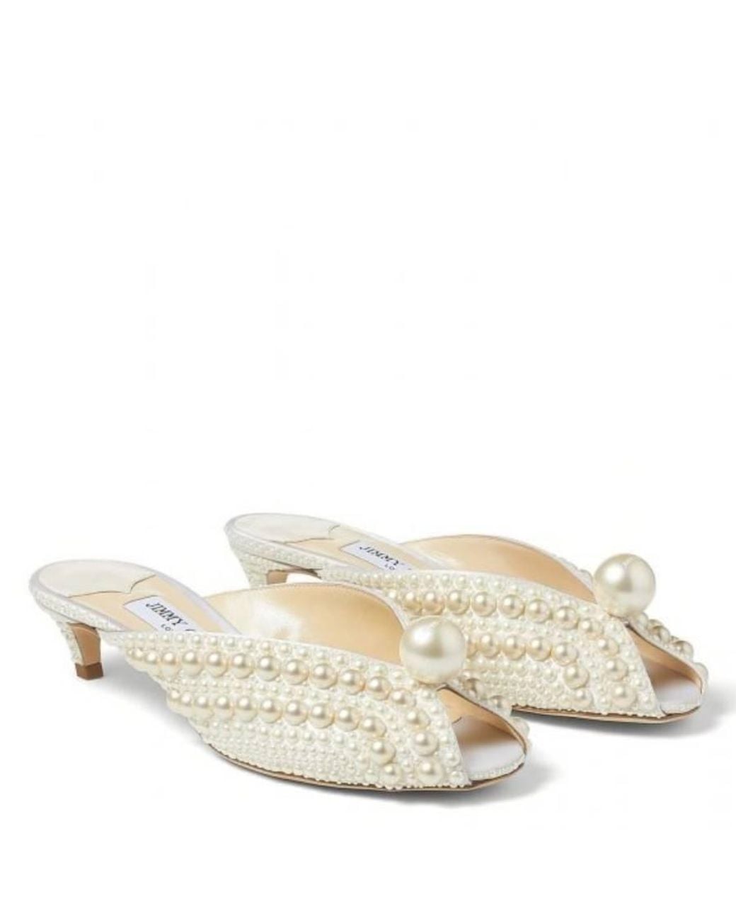 Jimmy Choo Natural Samantha 35 Pearl-Embellished Satin Mules, Brand Size 34 Us