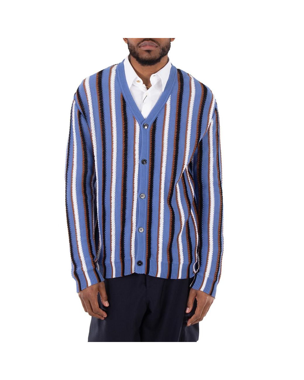 Marni Blue V-Neck Stripe-Pattern Cotton Cardigan for men
