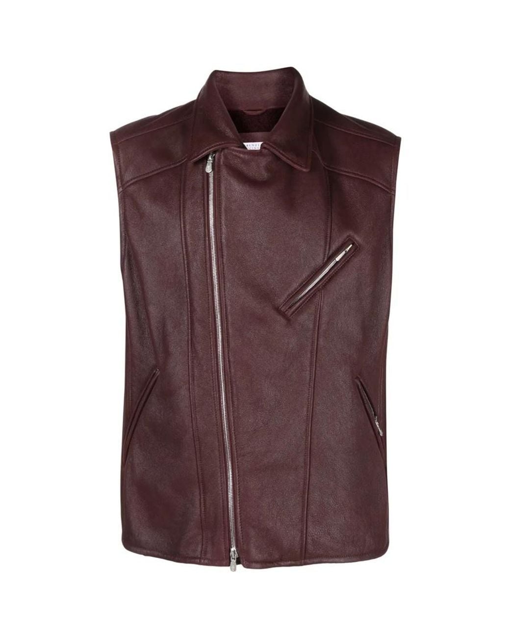 Brunello Cucinelli Brown Burgundy Leather Biker Vest, Size Large for men