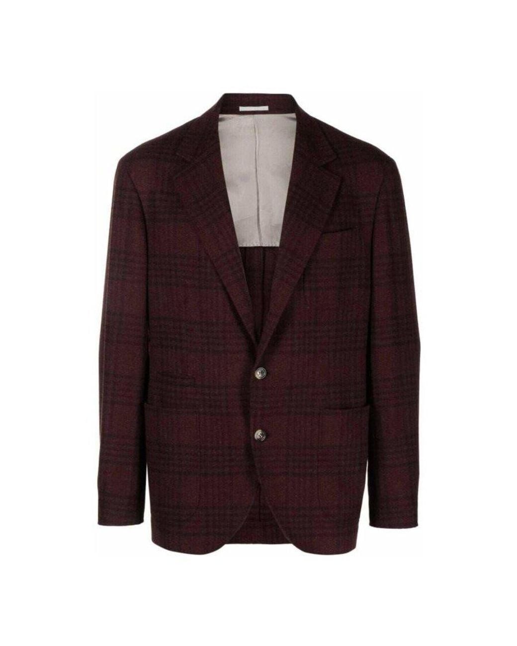 Brunello Cucinelli Purple Deep Burgundy Plaid Deconstructed Blazer, Brand Size 48 (Us for men