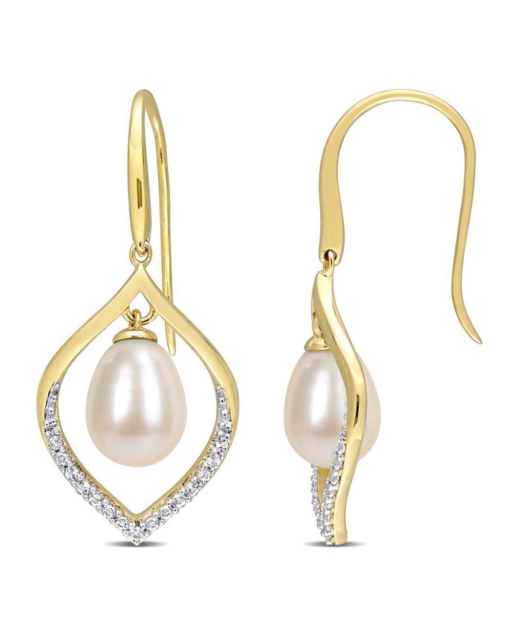 Amour Metallic 8-8.5Mm Freshwater Cultured Pearl And 1/3 Ct Tgw Topaz Open Hook Earrings for men