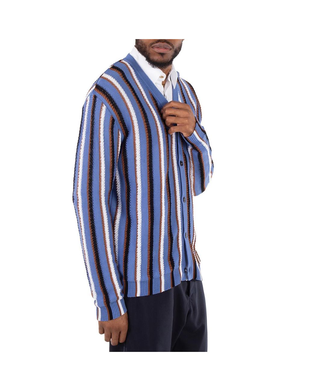 Marni Blue V-Neck Stripe-Pattern Cotton Cardigan for men