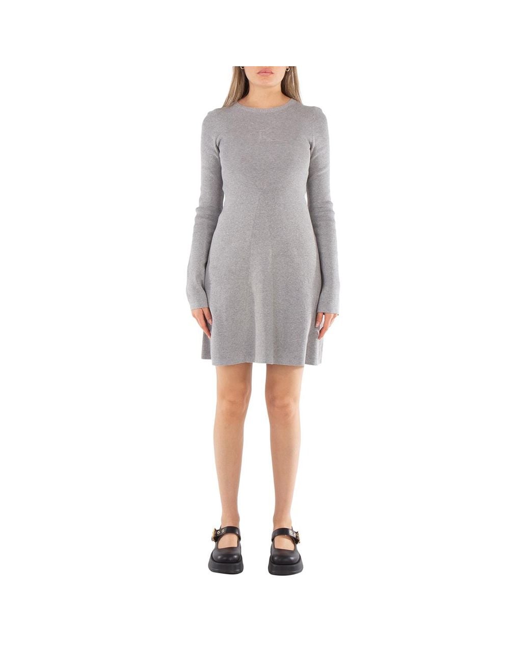 Calvin Klein Gray Ribbed Cotton Flared Jumper Dress