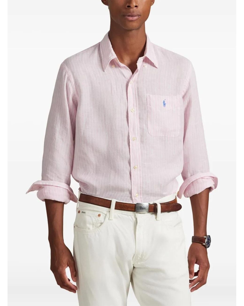 Polo Ralph Lauren Pink Custom Fit Striped Linen Shirt for men
