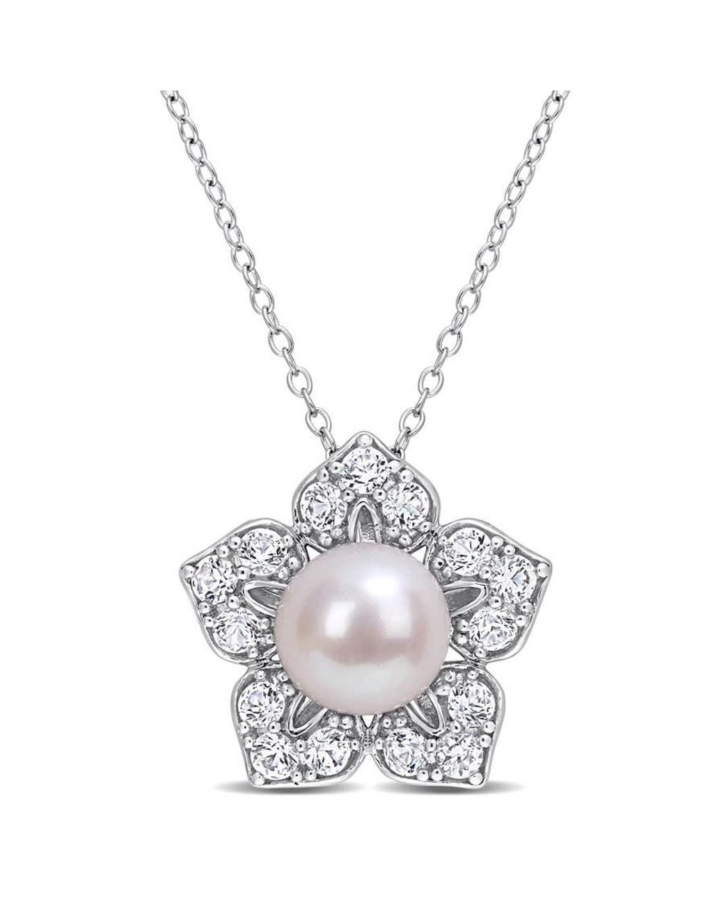 Amour Metallic 8-9Mm Freshwater Cultured Pearl And 1 1/3Ct Tgw Created Sapphire Flower Pendant With Chain for men