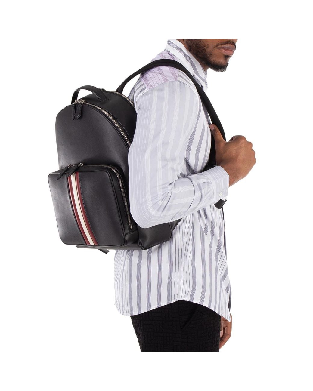 Bally Black Mythos Vertical Stripe Leather Backpack for men