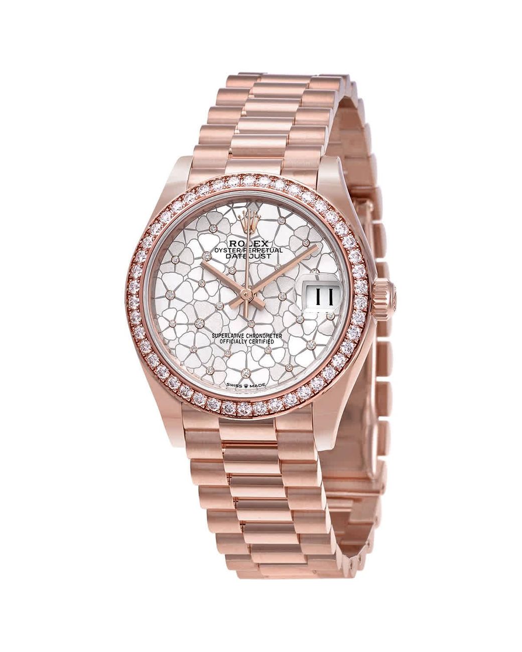 Rolex Datejust 31 Silver Floral Motif Diamond Dial 18kt Everose Gold President Watch in Grey Lyst UK