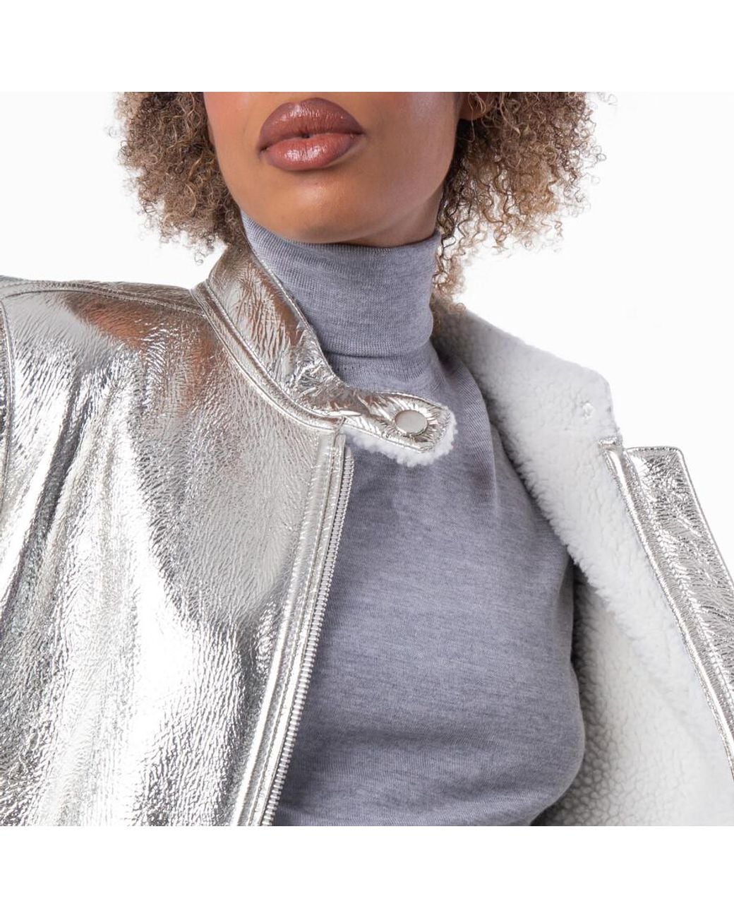 Ferragamo White Ferragamo Metallic Laminate Shearling Jacket, Brand Size 42 Us Size 8