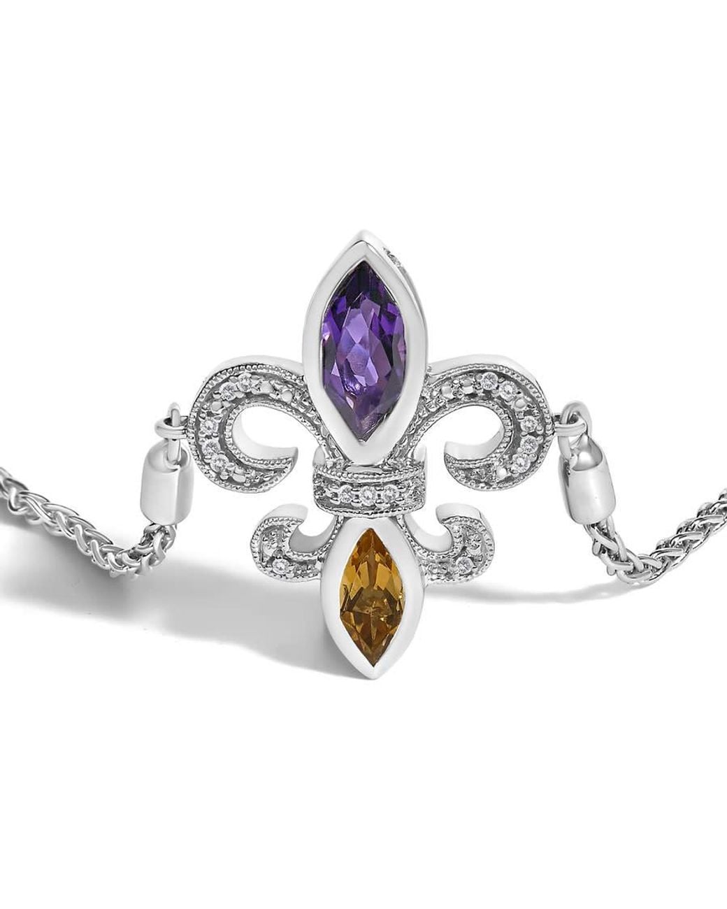 Haus of Brilliance Blue Sterling Amethyst, Citrine & Diamond Accent Lariat Fleur De Lis Adjustable Bolo Bracelet for men