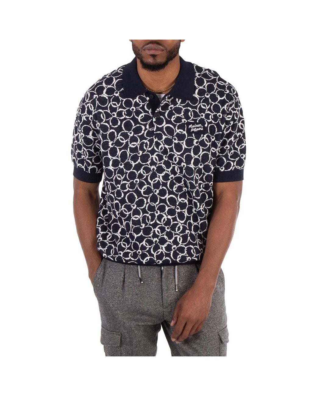 Maison Kitsuné Black Abstract Daisy Jacquard Polo Shirt for men