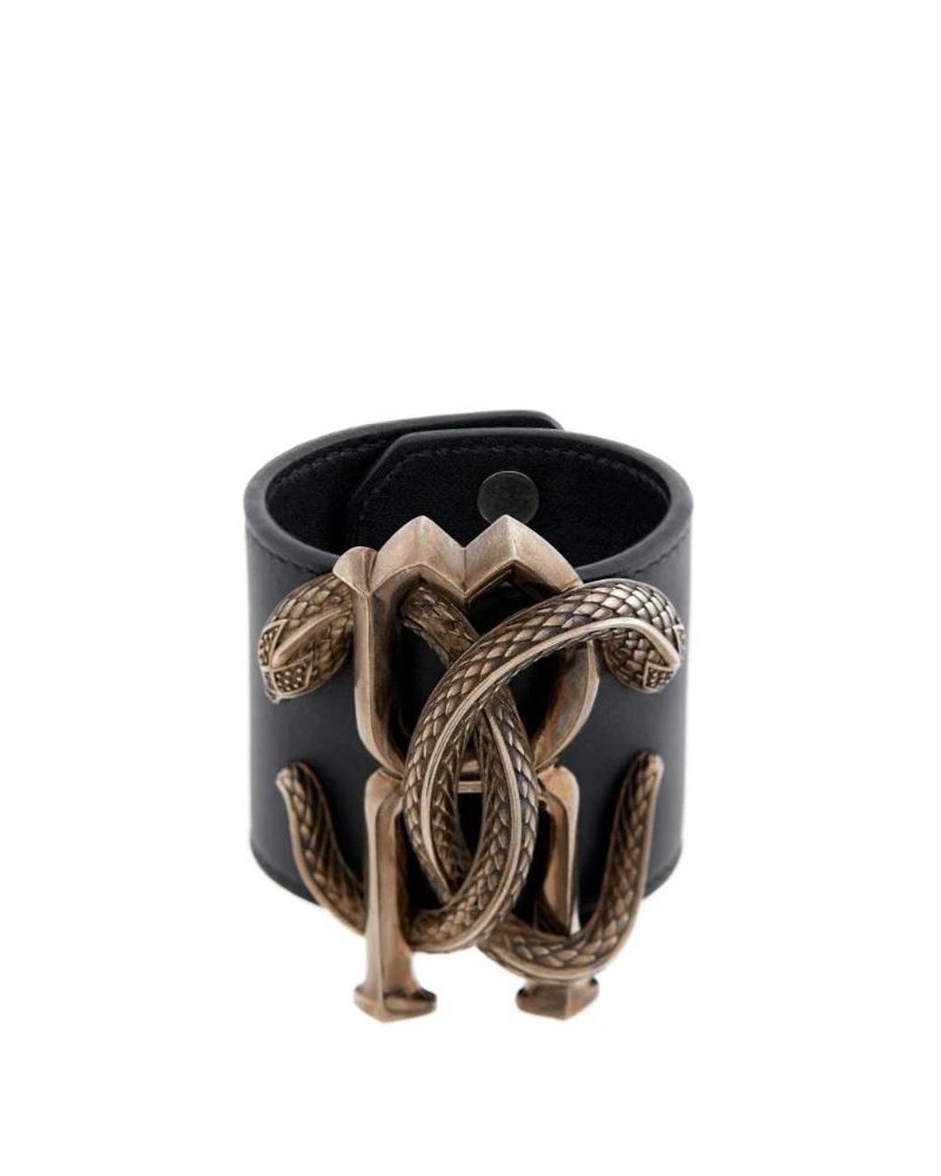 Roberto Cavalli Black Ladies Snake Logo Leather Cuff Bracelet for men