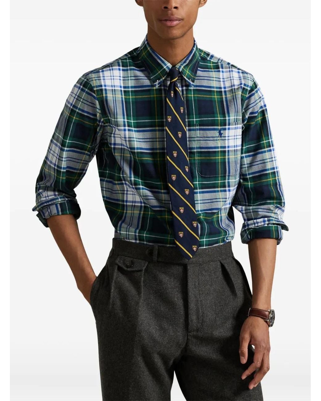 Polo Ralph Lauren Blue Custom Fit Plaid Oxford Shirt for men