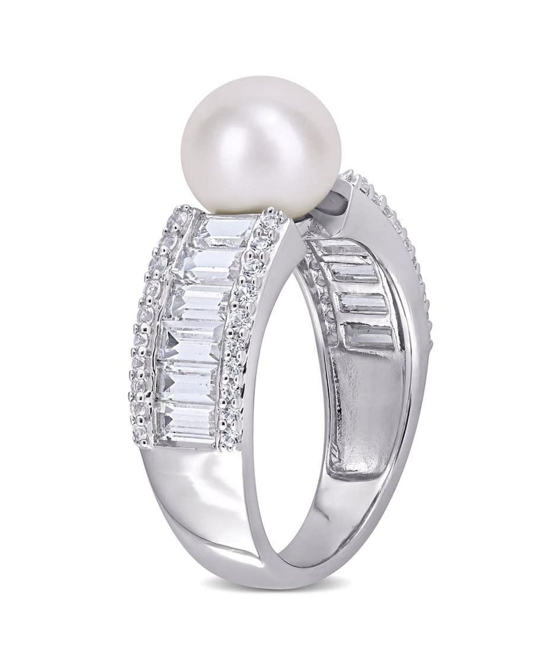 Amour Metallic 8-8.5Mm Cultured Freshwater Pearl And 2 2/5 Ct Tgw Created Sapphire Engagement Ring for men