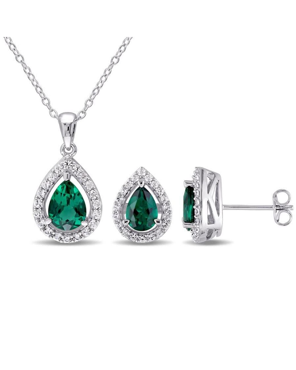 Amour Blue 3 1/5 Ct Tgw Created Emerald And Created Sapphire Teardrop Halo Pendant With Chain And Stud Earrings Set for men