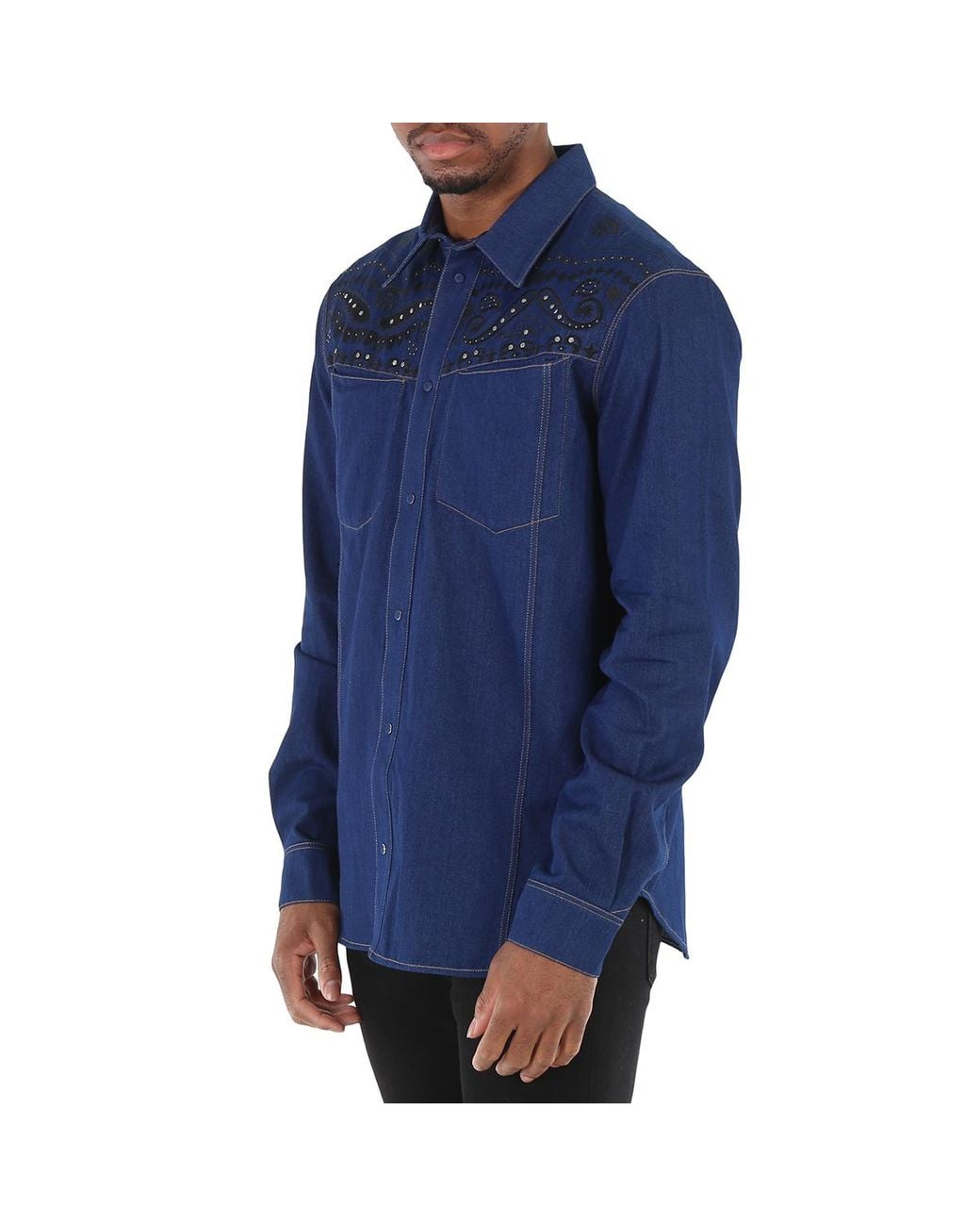Roberto Cavalli Blue Dark Bandana Embroidered Denim Shirt, Brand Size 48 (Us for men