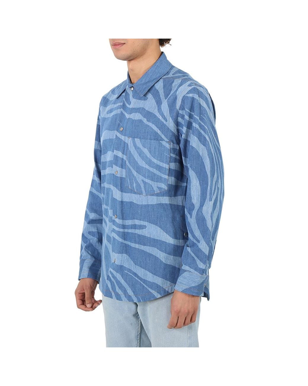 Roberto Cavalli Blue Dark Macro Zebra-Print Denim Shirt, Brand Size 46 Us for men