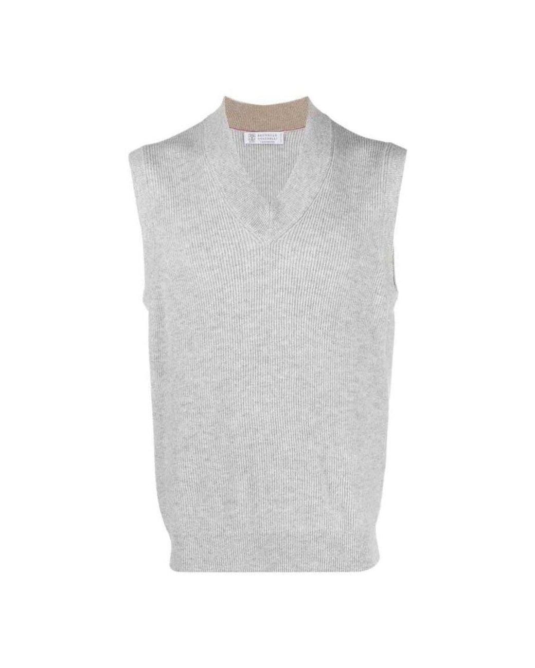 Brunello Cucinelli Gray Pebble Ribbed Cashmere Knit Vest, Brand Size 46 (Us for men