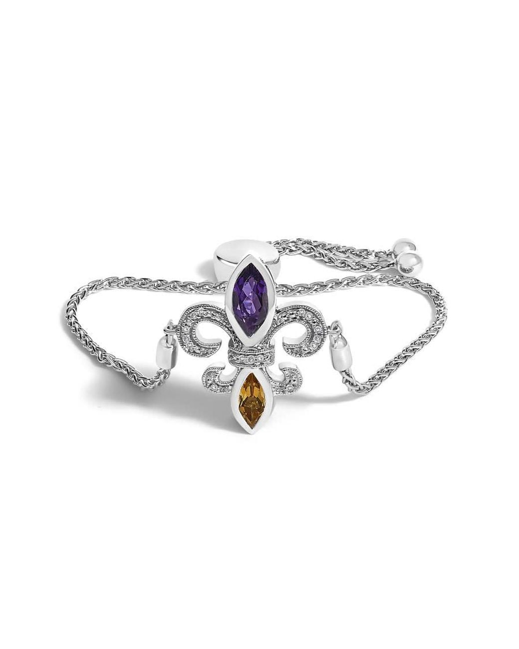 Haus of Brilliance Blue Sterling Amethyst, Citrine & Diamond Accent Lariat Fleur De Lis Adjustable Bolo Bracelet for men