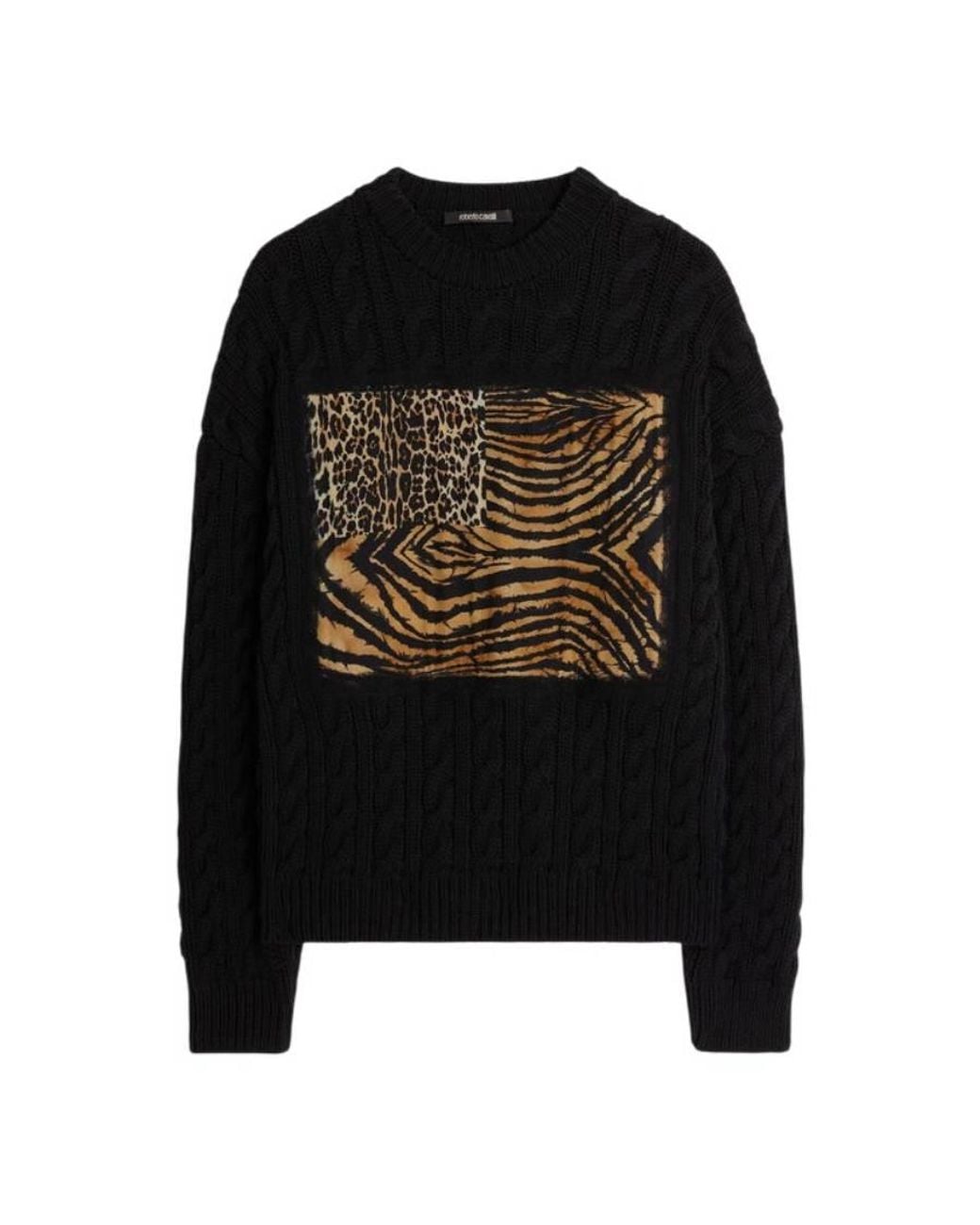 Roberto Cavalli Black Animalier Patchwork Cable-Knit Sweater