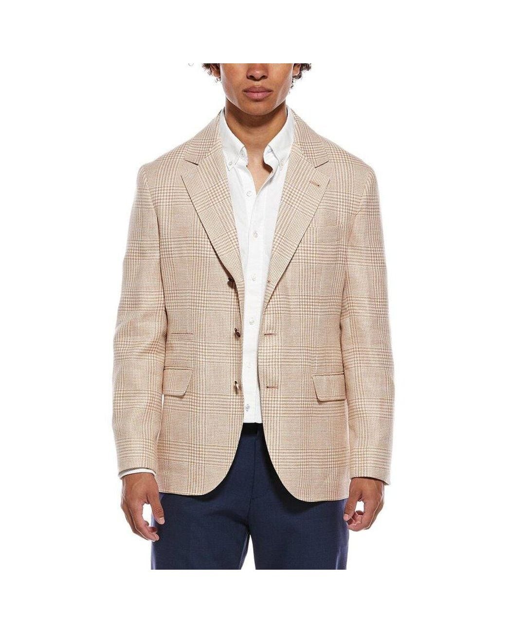 Brunello Cucinelli Natural Papaya Linen Wool Check Blazer, Brand Size 50 (Us for men