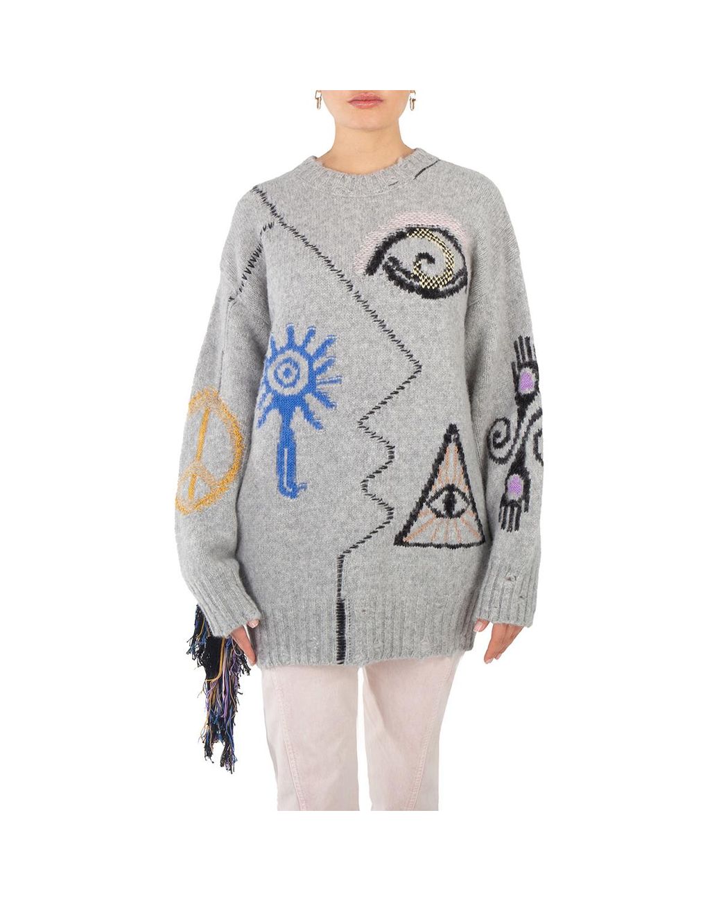 Stella McCartney Gray Folk Artwork Wool Blend Knit Sweater