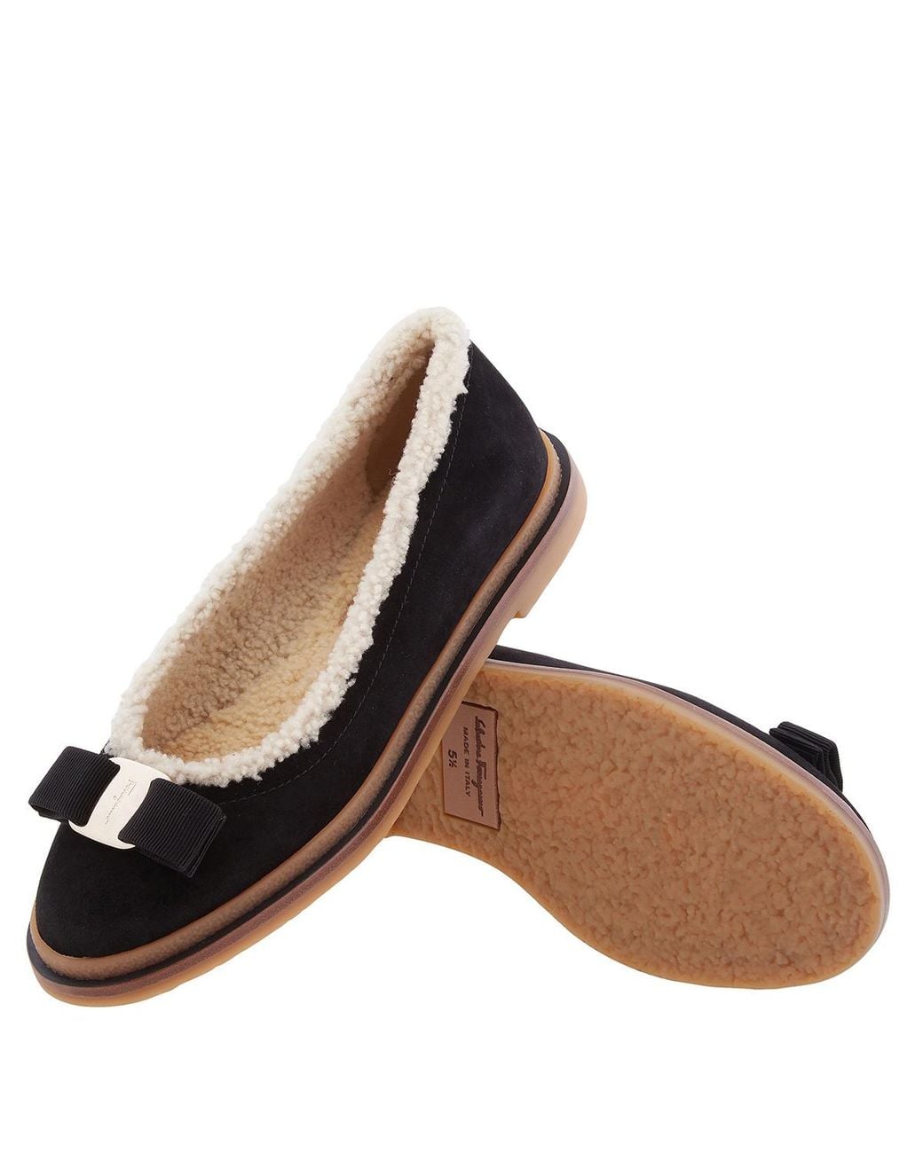 Ferragamo Black Varina Shearling-Lined Bow-Embellished Suede Ballet Flats
