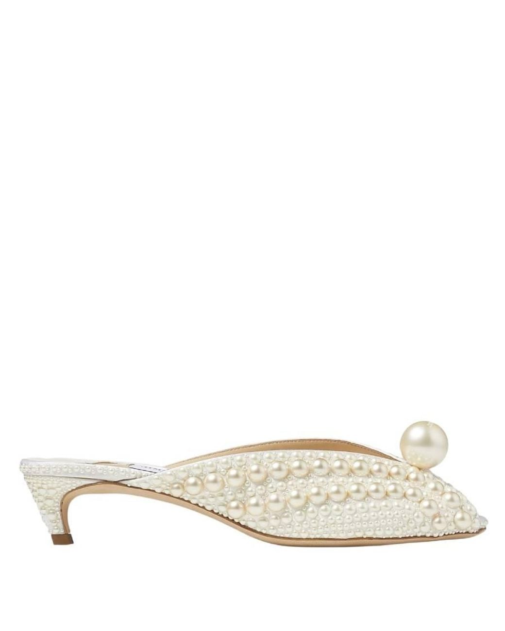 Jimmy Choo Natural Samantha 35 Pearl-Embellished Satin Mules, Brand Size 34 Us