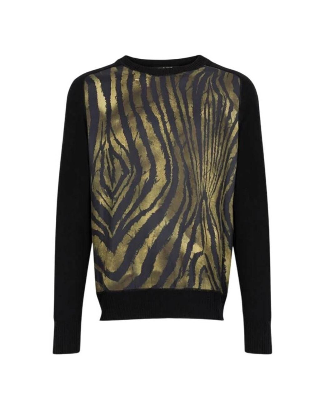 Roberto Cavalli Black Freedom-Print Panelled Wool Sweater for men