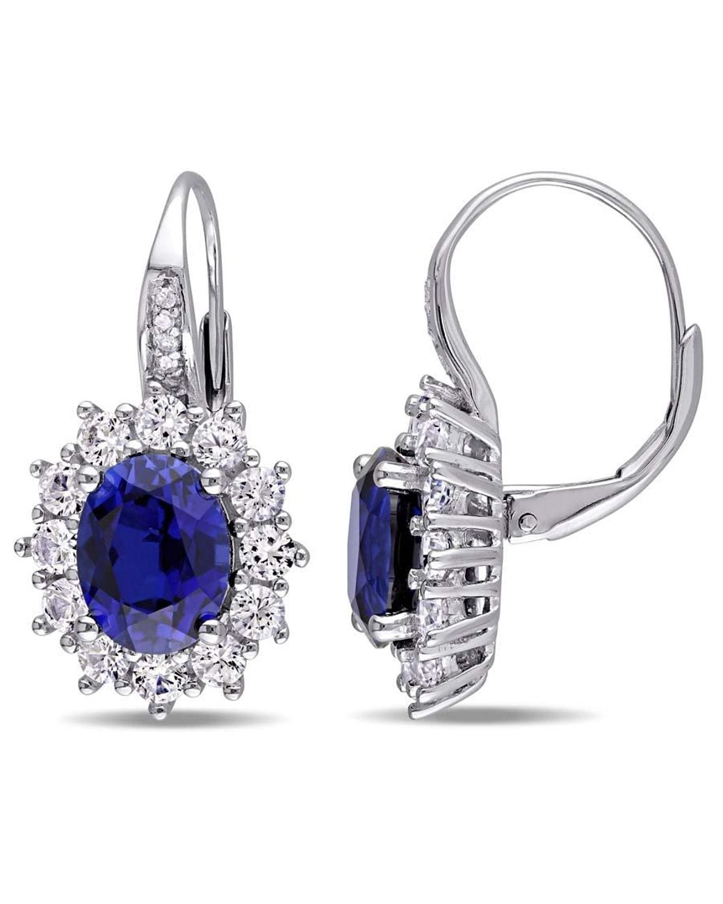 Amour Blue Halo Diamond And 8.06 Ct Tgw Created And Sapphire Leverback Earrings for men
